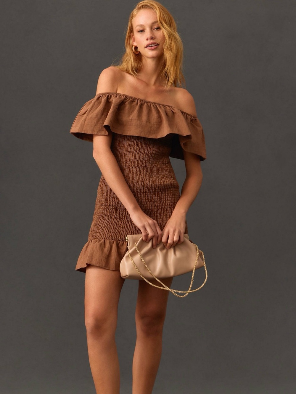 Anthropologie Off-the-Shoulder Smocked Ruffle Mini Dress in Chocolate Size XS